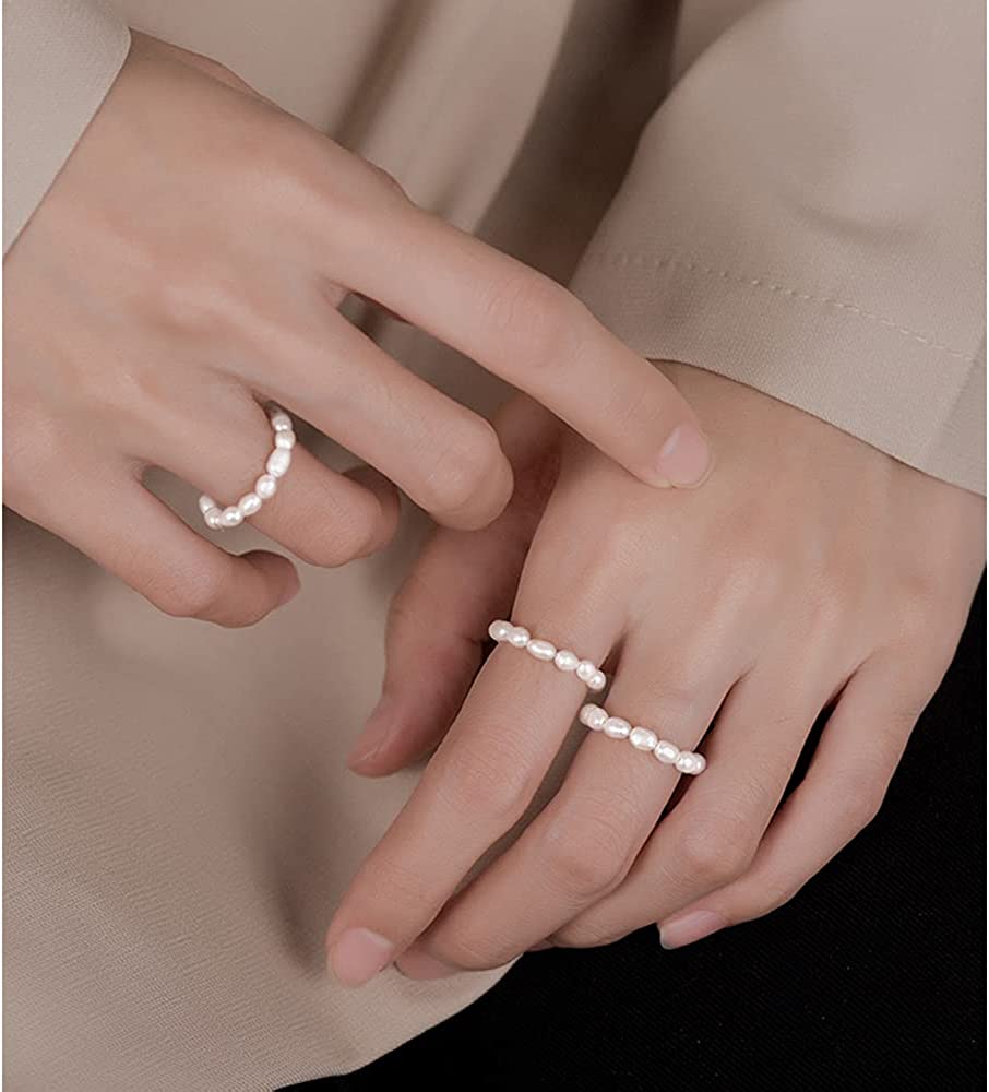 InzheG Stretch Freshwater Pearl Rings with 14k gold plated Beaded Adjustable Stackable rings Holiday Gift for Women Girls - Image 4
